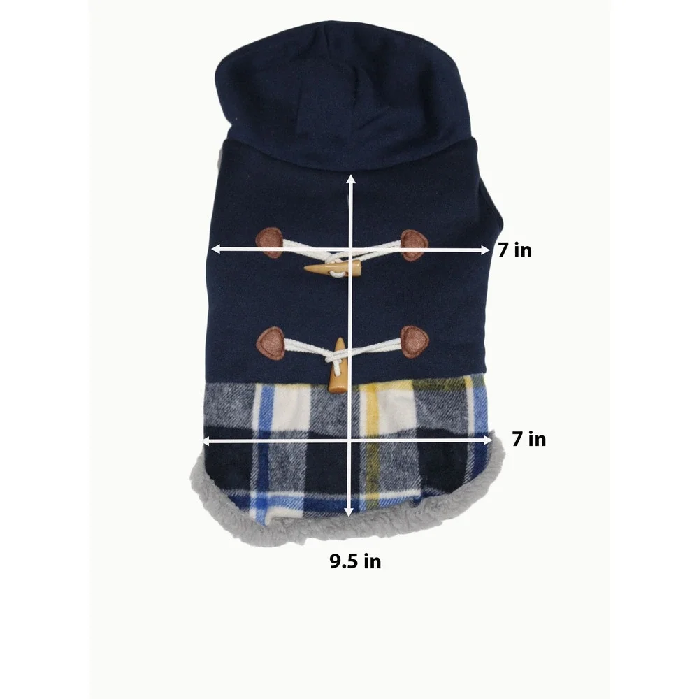 Navy Blue Dog Toggle Coat Hoodie Plaid Sherpa Lined Pet Jacket XS